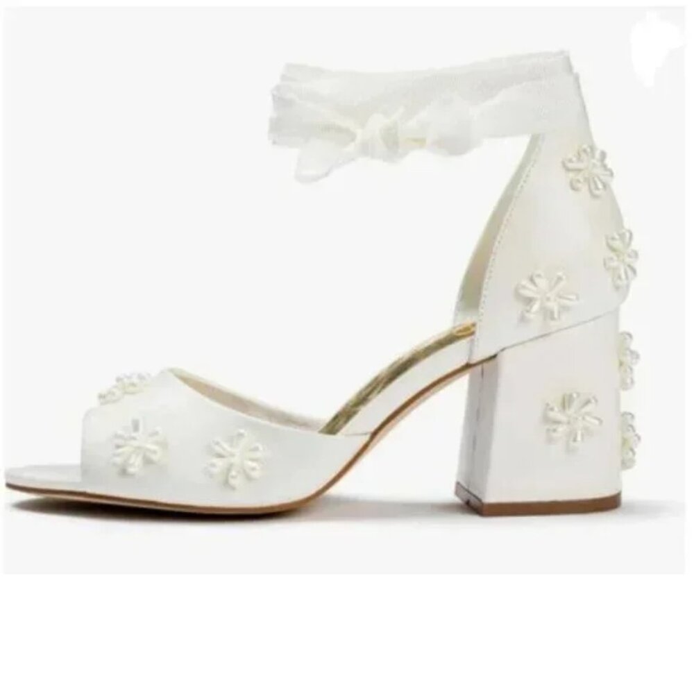 XYD White Open Toe with Bloom Pearl Flower Ribbon Ankle Strap Block Heel Sandals